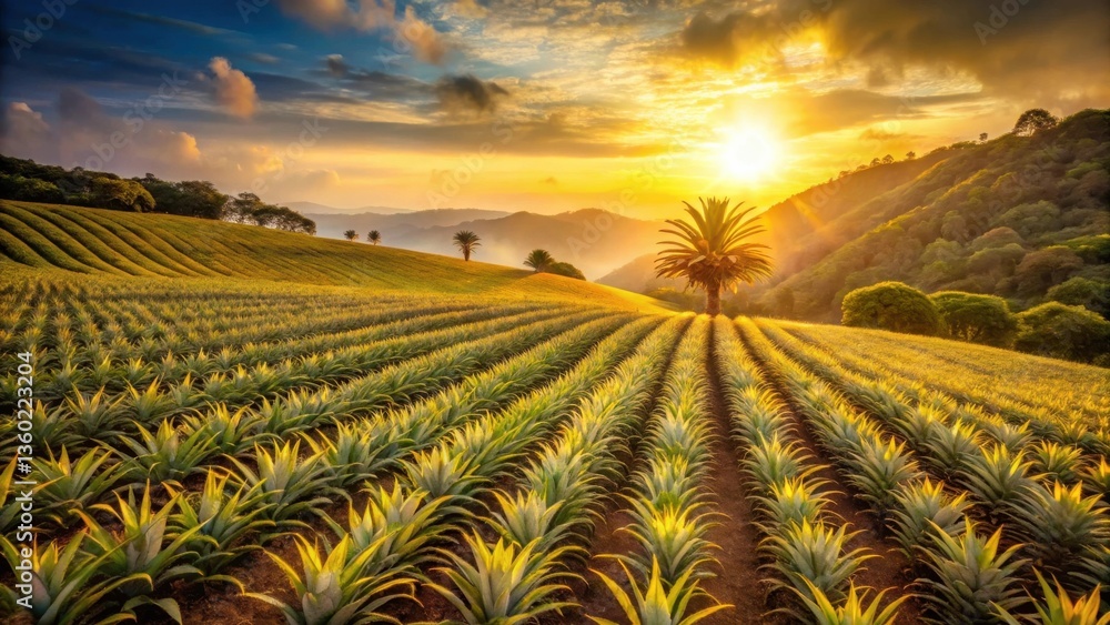 Fototapeta premium Golden Hour Illumination on a Pineapple Plantation with a Lone Palm Tree at Sunset