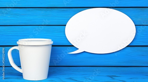 A blank white coffee cup with handle sits beside a large empty white speech bubble against a vibrant blue wood background perfect for your message design.