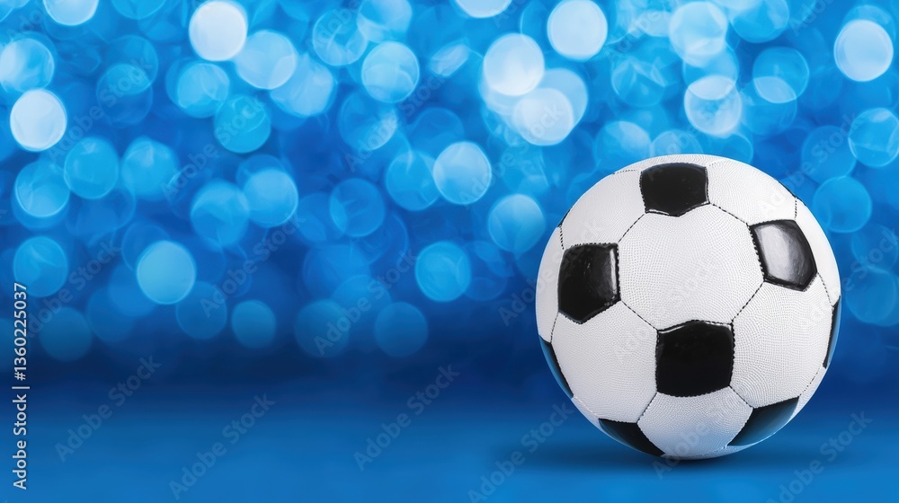 Naklejka premium A classic black and white soccer ball rests on a vibrant blue bokeh background perfect for sports related designs and advertisements creating a festive and dynamic atmosphere.