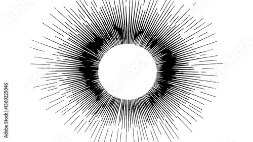 Vector abstract illustration of a sunburst featuring clean, lengthy rays, representing clarity, energy, and focus in a simplistic and modern artistic style.