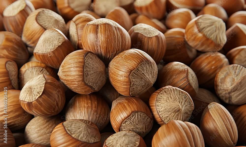 A close-up of many hazelnuts, their shells a mix of light and dark brown, filling the view with natural patterns and textures A close-up of many hazelnuts, their shells a mix of light and dark brown, filling the view with natural patterns and textures