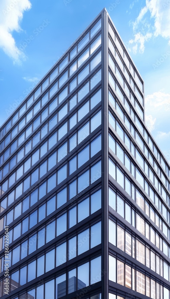 A modern glass building with a sleek design, showcasing a sharp corner and reflective windows under a bright blue sky. A modern glass building with a sleek design, showcasing a sharp corner and reflective windows under a bright blue sky.