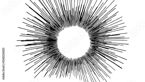 Vector abstract illustration of a sunburst featuring clean, lengthy rays, representing clarity, energy, and focus in a simplistic and modern artistic style.