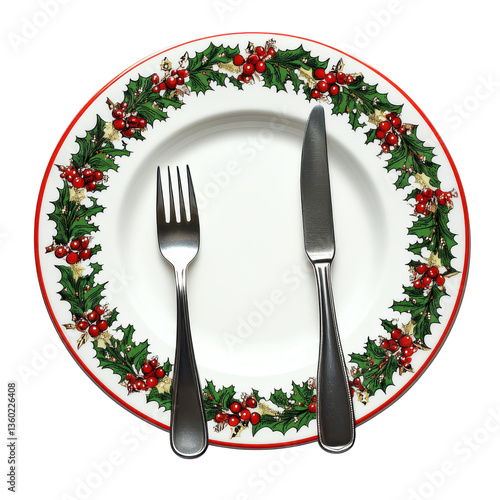 Festive dinner plate with holly decoration, knife and fork, ready for holiday meal