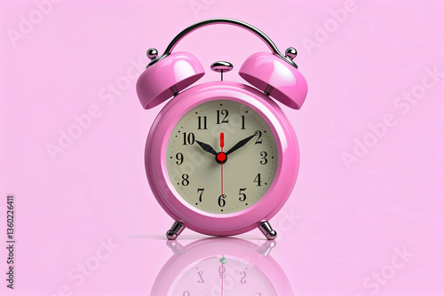 A sweet pink alarm clock serenely marking a new day's beginning against a soft pink background.