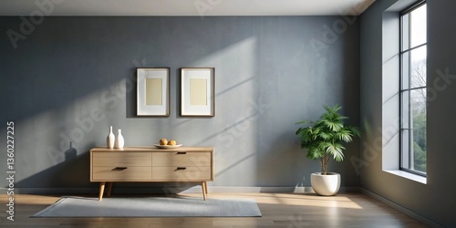 Modern minimalist living room interior design featuring a light wood sideboard, grey walls, and a large window