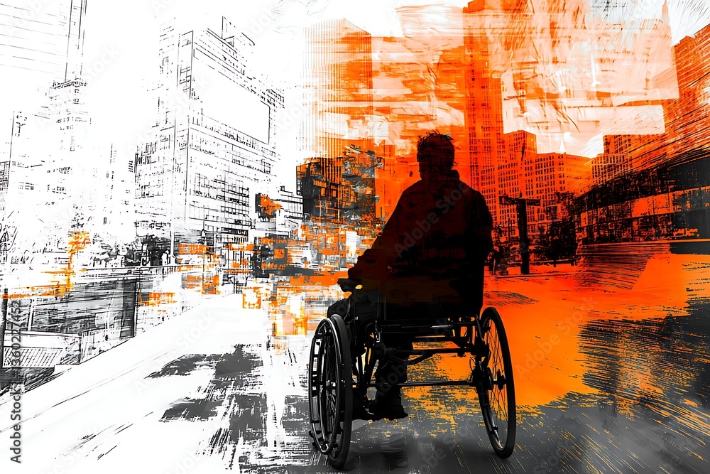 Obraz premium Lonely man in wheelchair moving on city street
