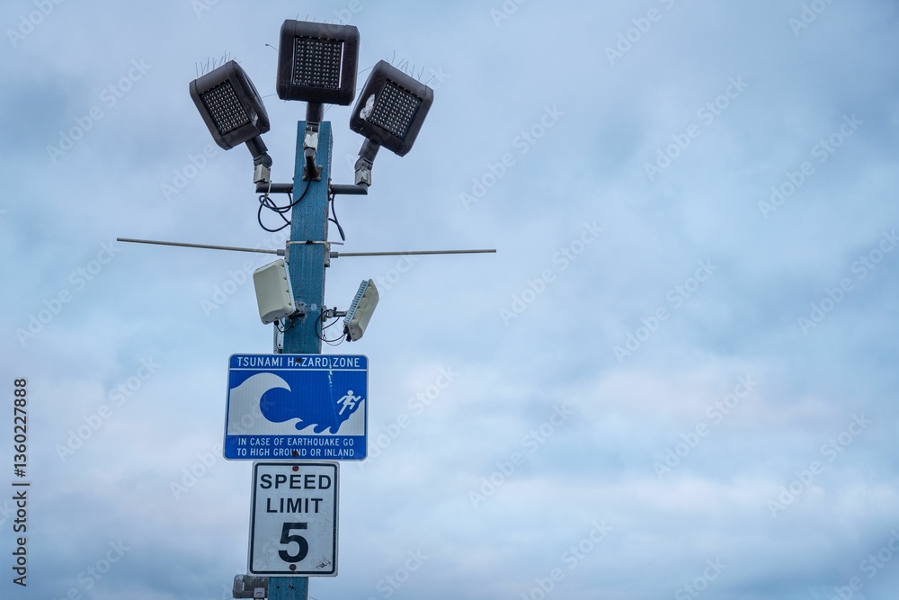 Coastal Safety tsunami Surveillance and Speed Limit Sign in Los Angeles city Coastal Safety tsunami Surveillance and Speed Limit Sign in Los Angeles city