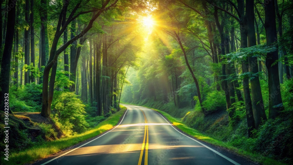 Fototapeta premium Sunlit Path Through Verdant Canopy A Scenic Drive Along a Winding Road in Lush Forest