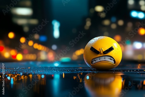 Angry emoji reflecting on wet asphalt at night in the city