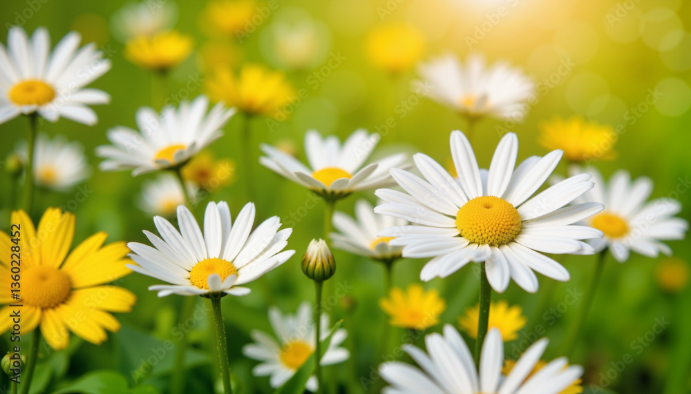 Fototapeta premium Close-up of daisies and buttercups in sunlit meadow, spring beauty