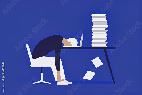 Overwhelmed worker slumped over desk, buried under a towering stack of paperwork, symbolizing the pressures of modern work life against a solid blue backdrop.