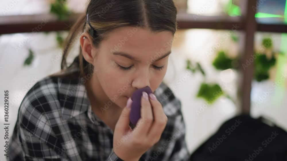 Focused lady carefully blending makeup beside nose using beauty sponge for smooth finish, enhancing facial contours with precise foundation application,soft lighting highlighting beauty process Focused lady carefully blending makeup beside nose using beauty sponge for smooth finish, enhancing facial contours with precise foundation application,soft lighting highlighting beauty process