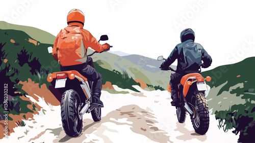 The image is a stylized illustration, possibly vector art, depicting two motorcyclists riding away from the viewer on a dirt road winding through a mountainous landscape. The motorcycles appear to