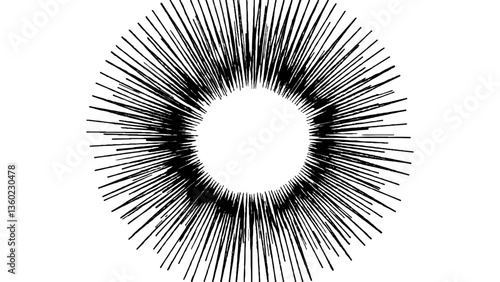 Vector abstract illustration of a sunburst featuring clean, lengthy rays, representing clarity, energy, and focus in a simplistic and modern artistic style.