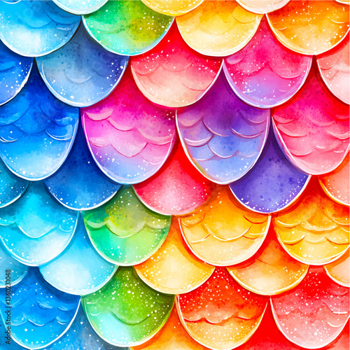Watercolor background of fairy scales. Bright colorful scales overlapping each other forming a pattern. Concept background of fairy fish scales, mermaid tail scales, etc.