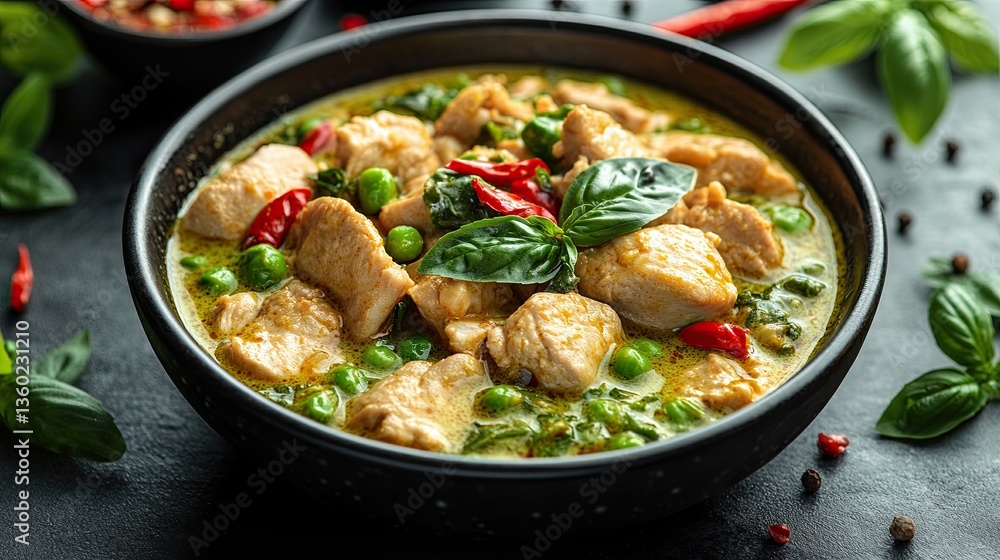 Chicken green curry asian food, beef with green curry red chili spices. Top view. Chicken green curry asian food, beef with green curry red chili spices. Top view.