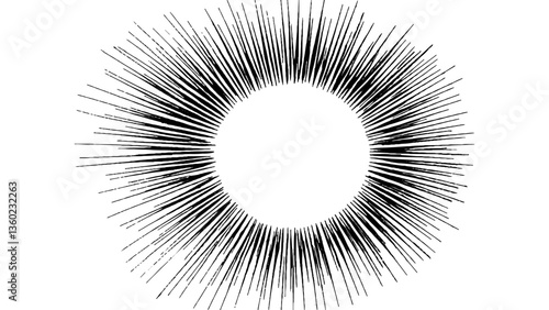 Vector abstract illustration of a sunburst featuring clean, lengthy rays, representing clarity, energy, and focus in a simplistic and modern artistic style.
