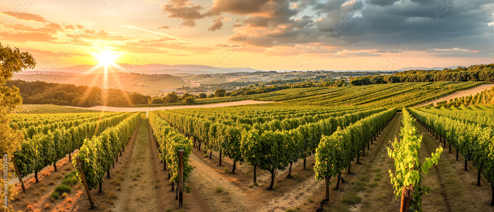 Obraz premium Scenic Vineyard Landscape at Sunset. Rows of Grapevines in Tuscany or Napa Valley, Winemaking and Viticulture Concept, Beautiful Nature Background.