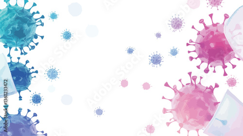 The image shows an abstract representation of viral particles on a white background.  The particles are rendered in pastel shades of blue, pink, and purple, with a watercolor-like texture. They are
