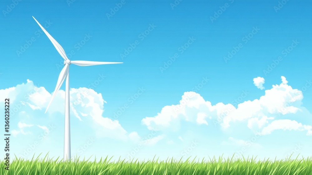 Fototapeta premium Wind turbine standing tall in a green grassy field under a bright blue sky, showcasing renewable energy,