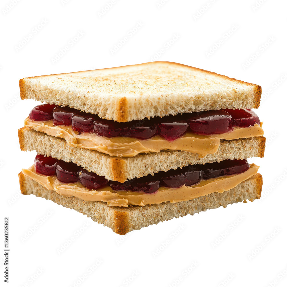 Peanut butter and jelly sandwich stacked on white bread against a clean backdrop Peanut butter and jelly sandwich stacked on white bread against a clean backdrop