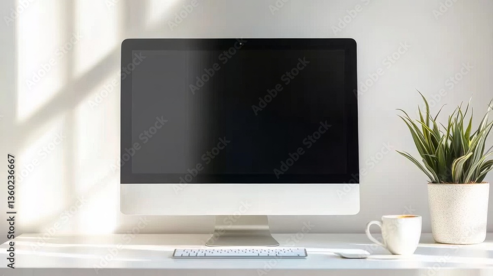 Mini computer on a minimalistic desk in a bright office space. Featuring compact design and modern technology Mini computer on a minimalistic desk in a bright office space. Featuring compact design and modern technology
