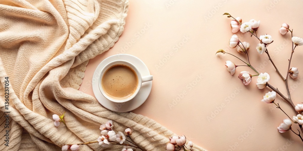 Naklejka premium A Cozy Morning Coffee, Knitted Throw, and Delicate Blossoms Arranged on a Soft Peach Background
