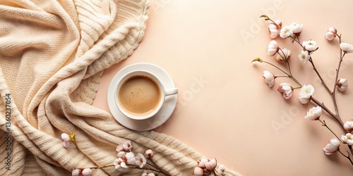 A Cozy Morning Coffee, Knitted Throw, and Delicate Blossoms Arranged on a Soft Peach Background
