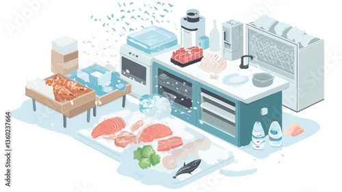 The image is an isometric illustration depicting a modern kitchen scene. The focus is on a central kitchen island with various fresh ingredients arranged on it, including raw meat, fish fillets,