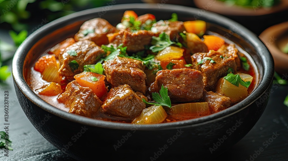 pieces of lamb cooked with onions, tomatoes and peppers close-up in a bowl on the table pieces of lamb cooked with onions, tomatoes and peppers close-up in a bowl on the table