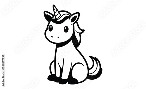 Cute sitting unicorn pose silhouette, Cute unicorn line art, unicorn line drawing coloring page, Simple flat line doodle icon design 
