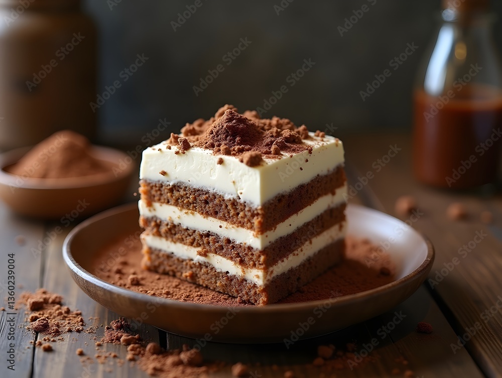 Decadent layered dessert with cream and cocoa served on a wooden plate in a rustic kitchen setting Decadent layered dessert with cream and cocoa served on a wooden plate in a rustic kitchen setting