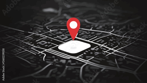 Close-up view of a digital map with a prominent red location pin marking a white, square-shaped area representing a stadium.  The map is rendered in dark grayscale tones, providing high contrast to