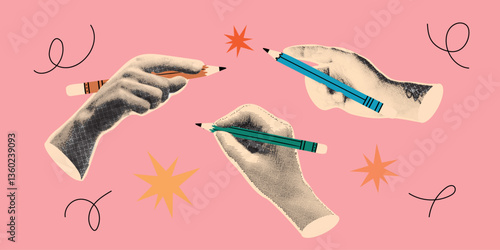 Set of different school pencils in a trendy halftone art collage. Pencils with rubber erasers and human hands. Vector Y2K pop art illustration.
