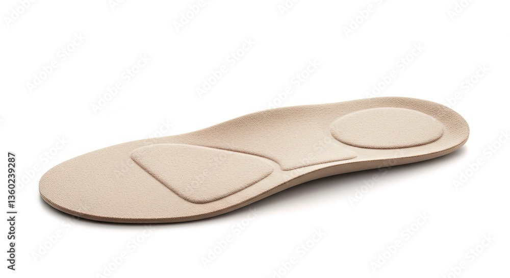 A single beige shoe insole with arch support on a white background, equipment, healthcare, dental, tool, medical, clinic, instrument A single beige shoe insole with arch support on a white background, equipment, healthcare, dental, tool, medical, clinic, instrument