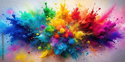 A vibrant explosion of multicolored paint droplets and powder, a dynamic burst of creative energy and artistic expression, showcasing a spectrum of intense hues and textures