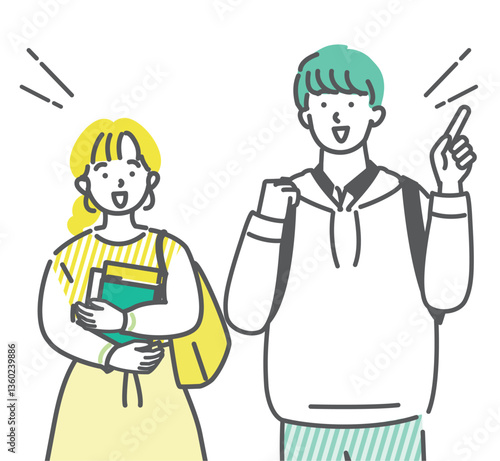 会話が盛り上がっている男女の大学生友達のイラスト素材