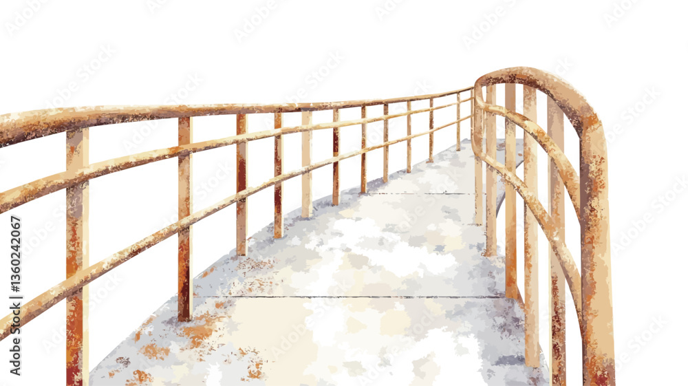 The image shows a perspective view of an elevated walkway or short bridge. The walkway appears to be made of light-grey concrete and has rusty metal railings on both sides. The railings are The image shows a perspective view of an elevated walkway or short bridge. The walkway appears to be made of light-grey concrete and has rusty metal railings on both sides. The railings are