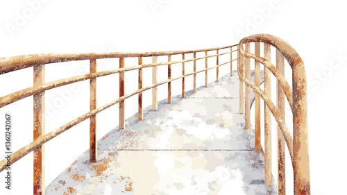 The image shows a perspective view of an elevated walkway or short bridge. The walkway appears to be made of light-grey concrete and has rusty metal railings on both sides. The railings are