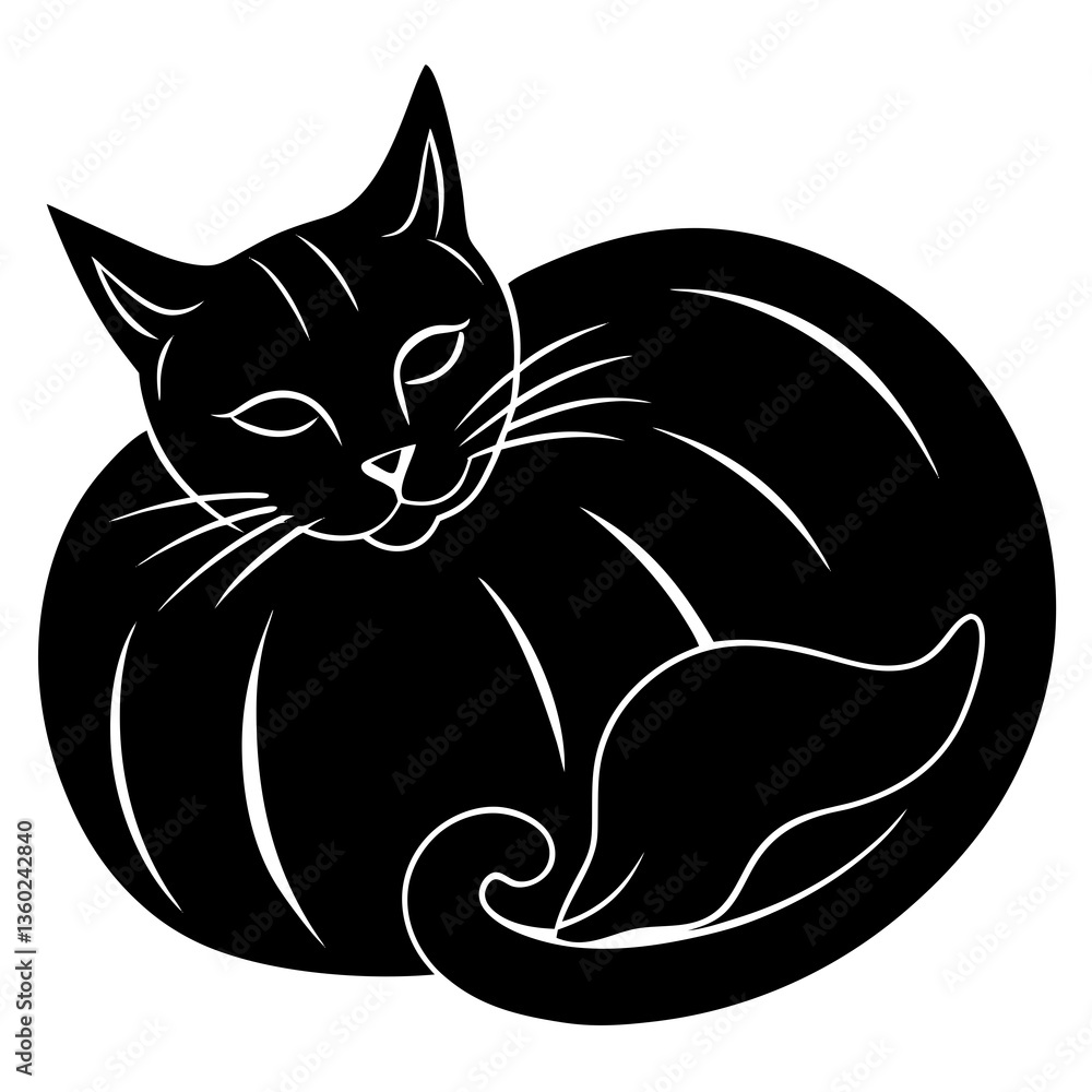 Fototapeta premium A black cat curled up on a pumpkin silhouette vector illustration