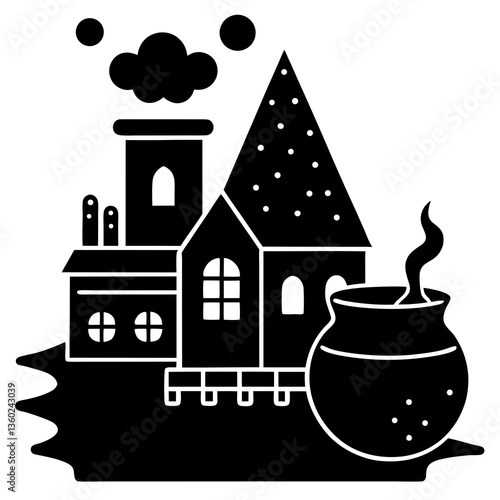 A candy factory with bubbling cauldron silhouette vector illustration