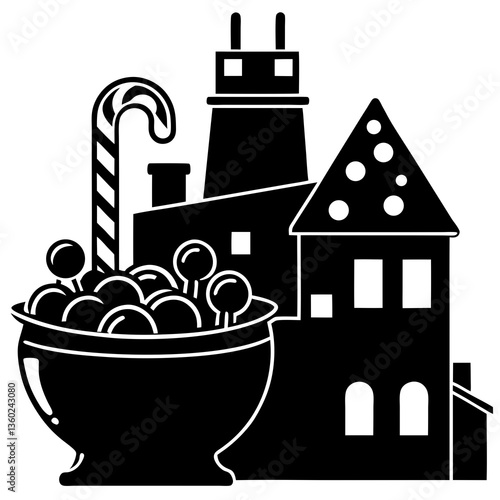 A candy factory with bubbling cauldron silhouette vector illustration