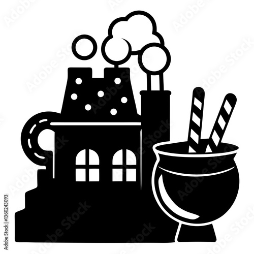 A candy factory with bubbling cauldron silhouette vector illustration