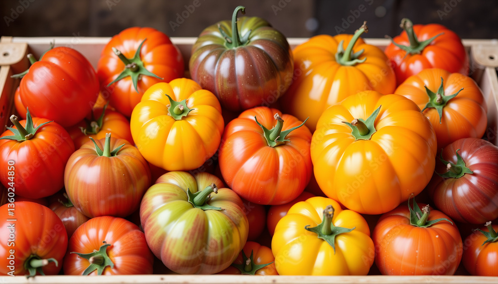 Colorful heirloom tomatoes piled in wooden crate, farm freshness Colorful heirloom tomatoes piled in wooden crate, farm freshness