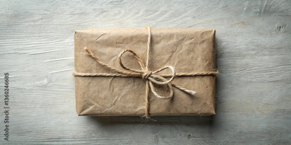 A simply wrapped gift, tied with twine, rests on a rustic wooden surface A simply wrapped gift, tied with twine, rests on a rustic wooden surface