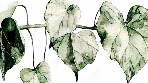 Watercolor branch detail featuring green heart-shaped leaves against a white background
