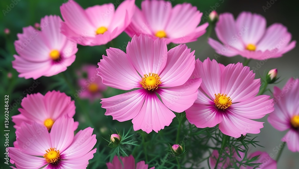 A close-up of pink and yellow cosmos flowers, highlighting their soft petals and bright colors against a green background A close-up of pink and yellow cosmos flowers, highlighting their soft petals and bright colors against a green background