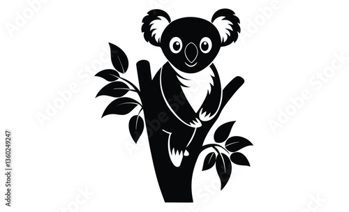 Koala on tree side view silhouette, koala silhouette vector, koala clinging to tree silhouette vector illustration  