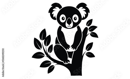 Koala on tree side view silhouette, koala silhouette vector, koala clinging to tree silhouette vector illustration  